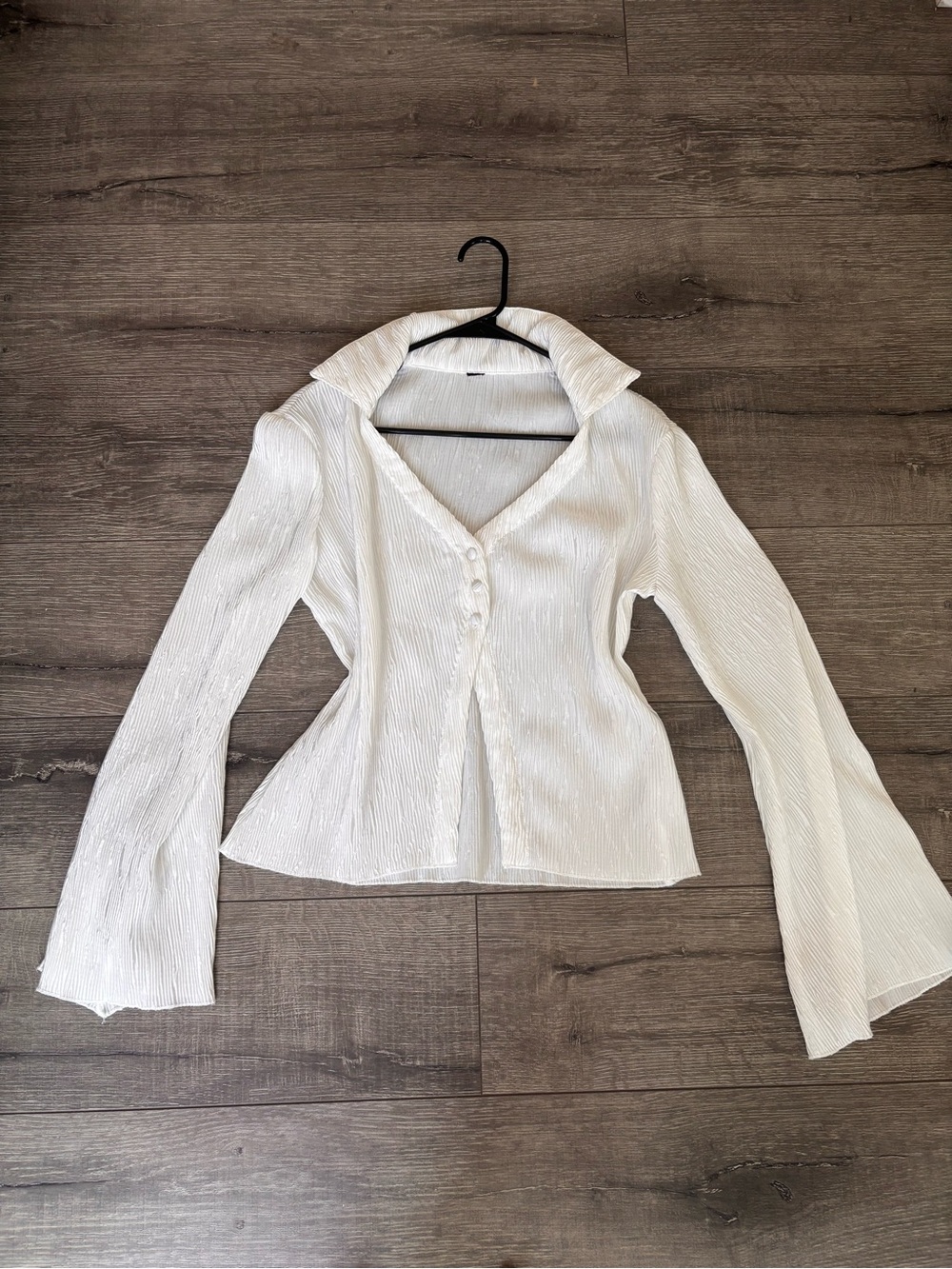 White Textured V-Neck Button Front Women’s Top